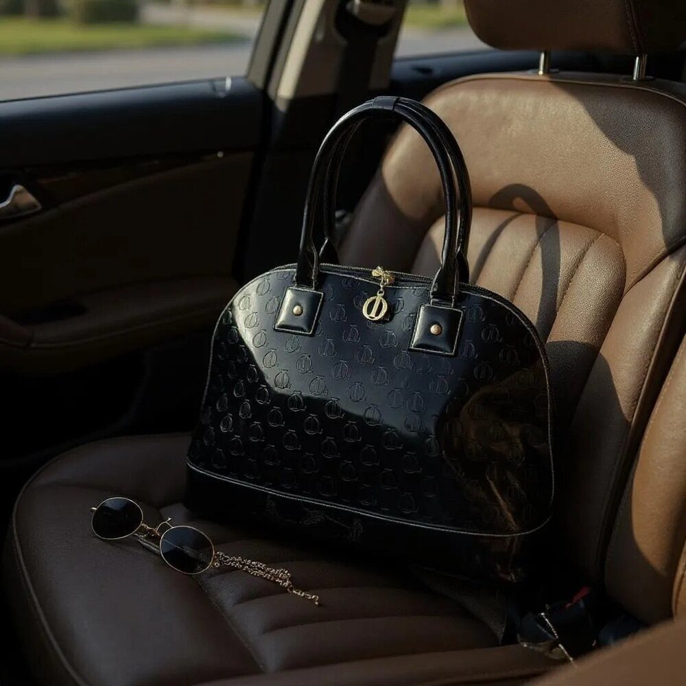 Queen by Queen Latifah Black Patent Faux Leather Satchel – Red Interior, 14” Wid